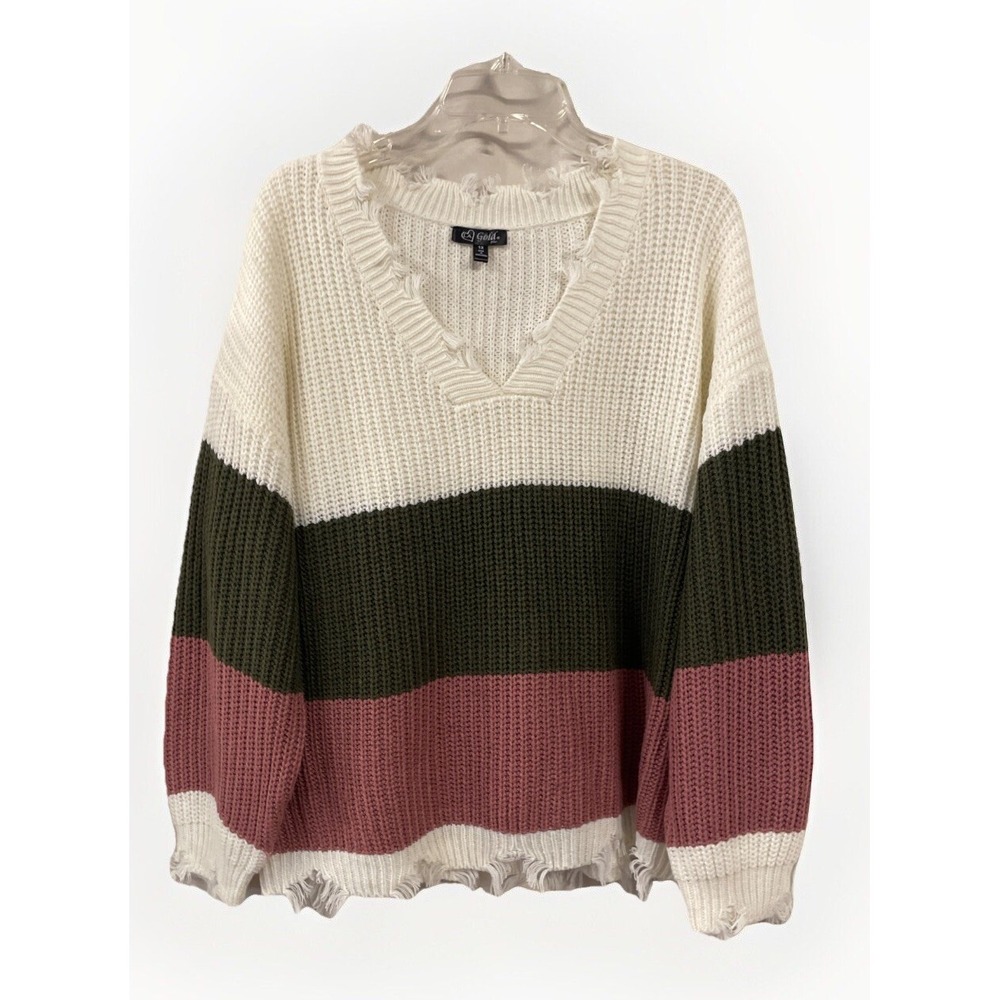 Gold‎ Plus Women's Size XL Long Sleeve Tattered Edge V Neck Sweater